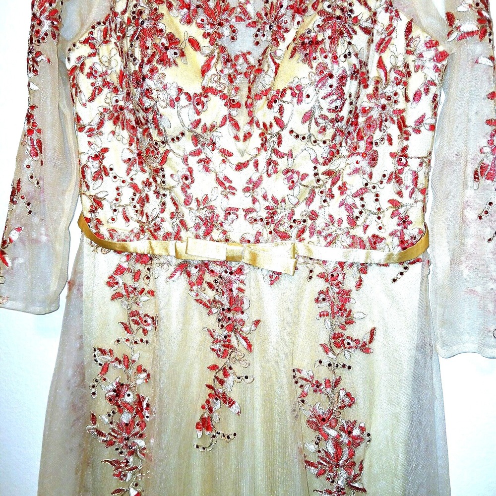 SPECIAL OCCASION Embroidered Red Rhinestone Women Long Dress Gown 18 Sheer Nude - Picture 6 of 14